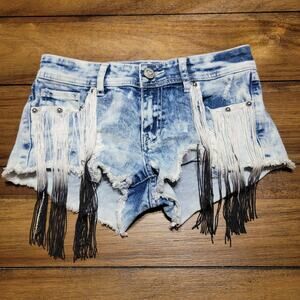 Shyanne Acid Wash Denim Cut-Off Shorts w/ Tassels on Front Pockets - Size 25
